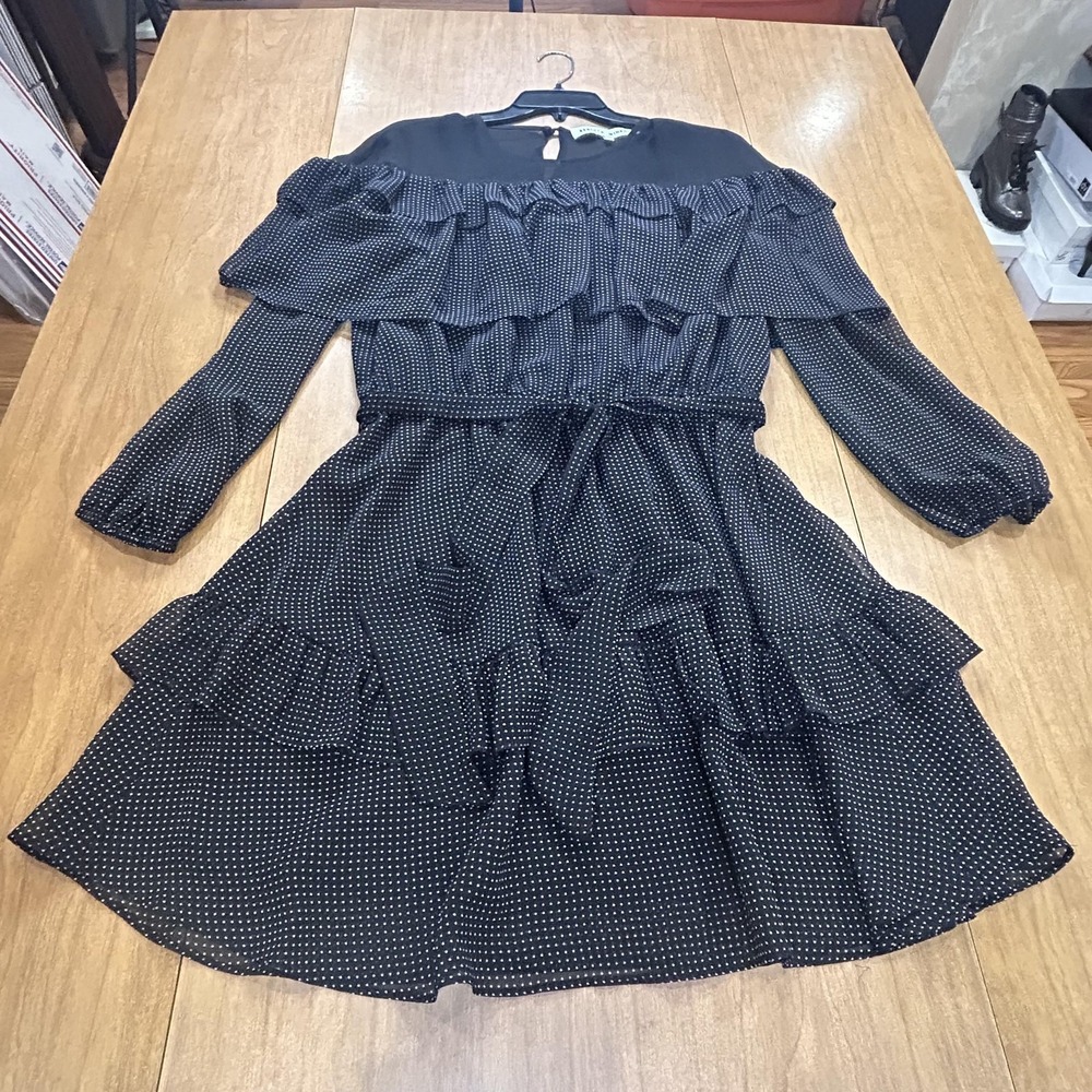 Rebecca Minkoff Dress Womens Large Black Polka Dot Ruffle Mini Long Sleeve